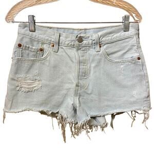 Levi's 501 Distressed Frayed Hem Denim Jean Short Light Wash Blue Size 27